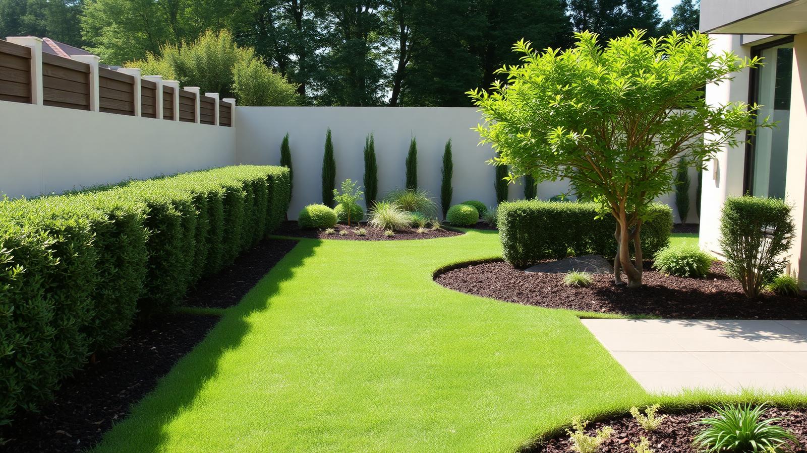 A newly planted modern garden with young hedges, mulched beds, irrigation, a feature tree and a paved terrace. Images and Photos created by www.house-and-garden-designs.com