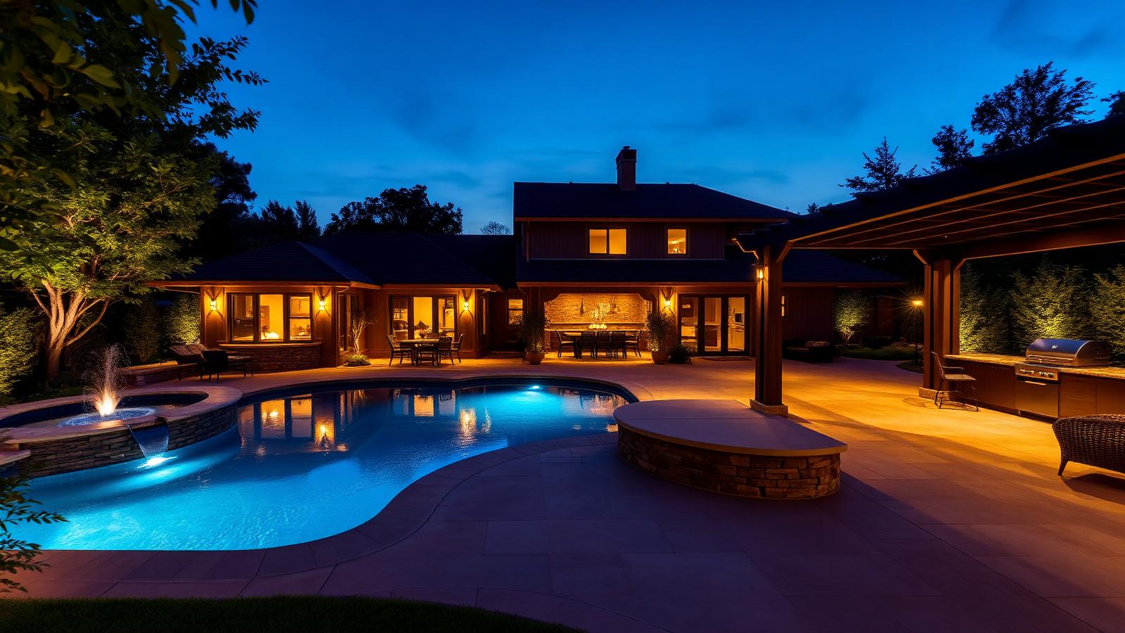 A finished dream backyard at dusk with a lit pool, pergola dining area, outdoor kitchen and warm garden lighting. Images and Photos created by www.house-and-garden-designs.com
