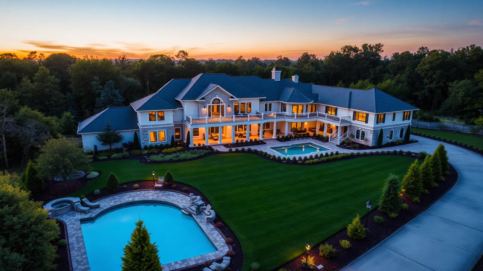 An aerial view of a completed dream home and landscaped garden with pool, lawn, garden zones and driveway at sunset. Images and Photos created by www.house-and-garden-designs.com