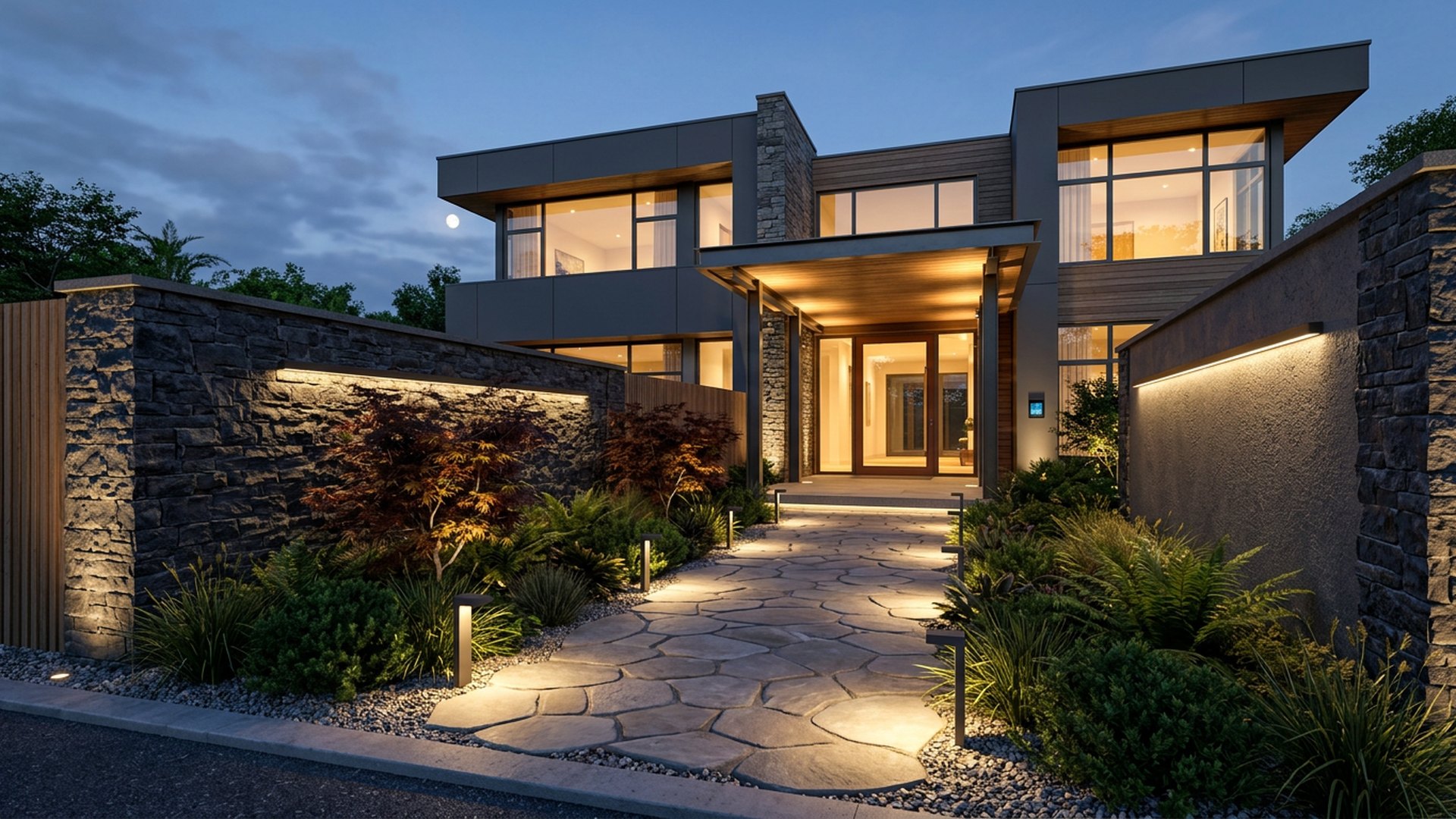 Evening Lit Entry front yard landscaping concept — Forward Looking