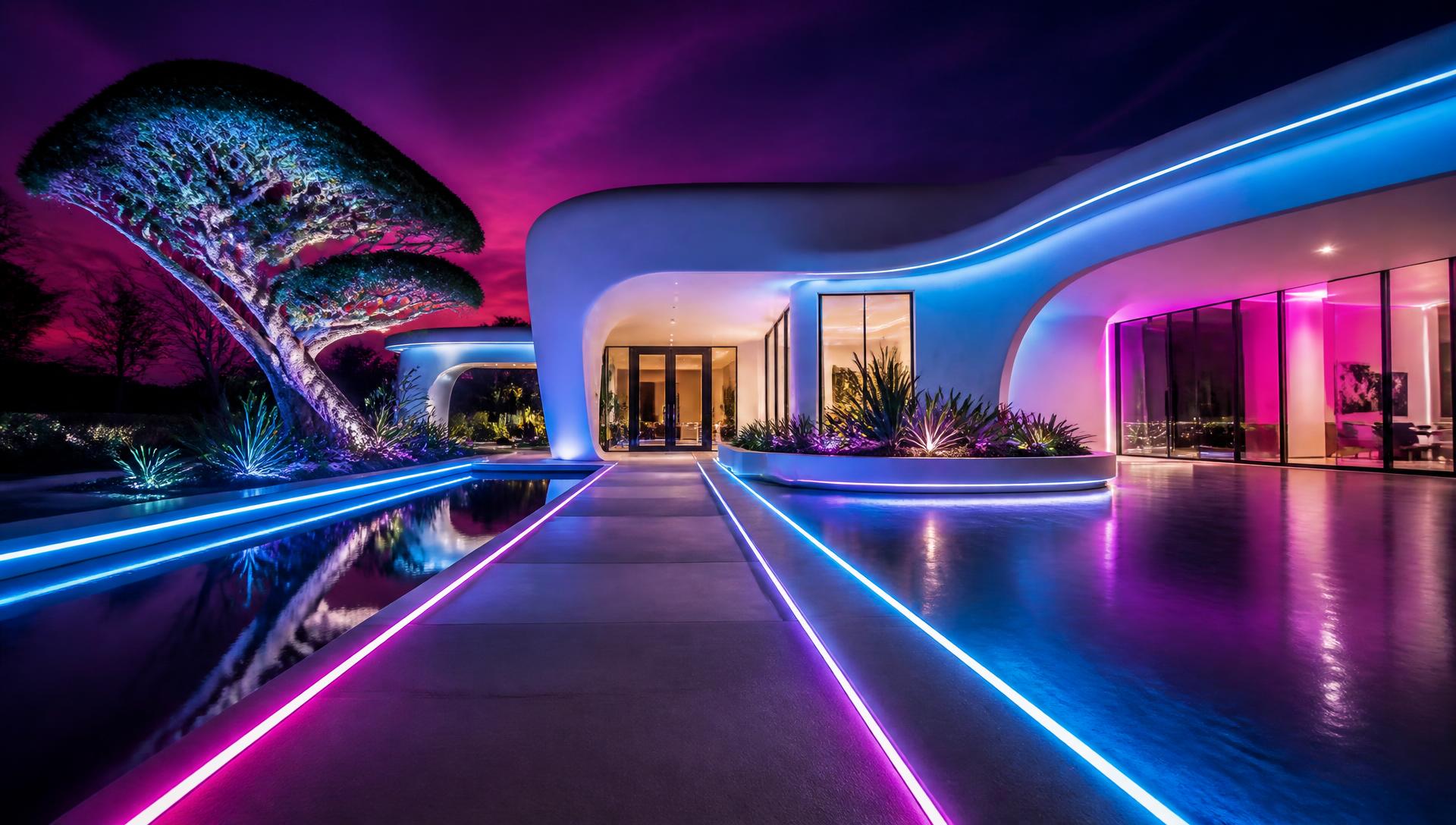 Futuristic neon front yard landscape design with electric blue LED lighting modern. Images and Photos created by www.house-and-garden-designs.com