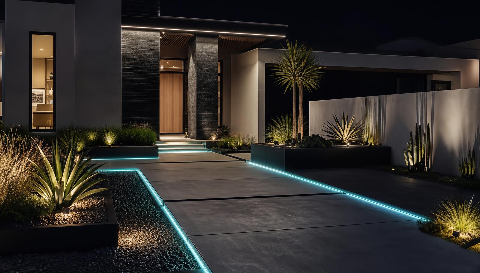 A futuristic front entry with a geometric concrete path edged in neon cyan LED strip lighting, sculptural planting and warm. Images and Photos created by www.house-and-garden-designs.com