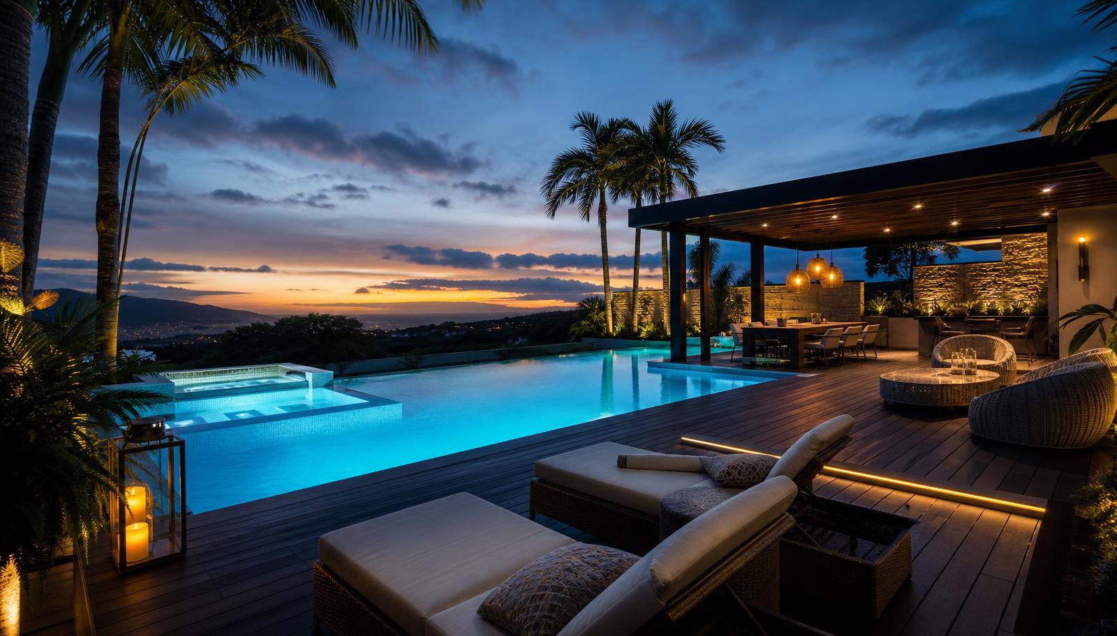 A resort-style backyard at dusk where a turquoise illuminated infinity pool meets a timber deck, open pergola and glowing outdoor. Images and Photos created by www.house-and-garden-designs.com