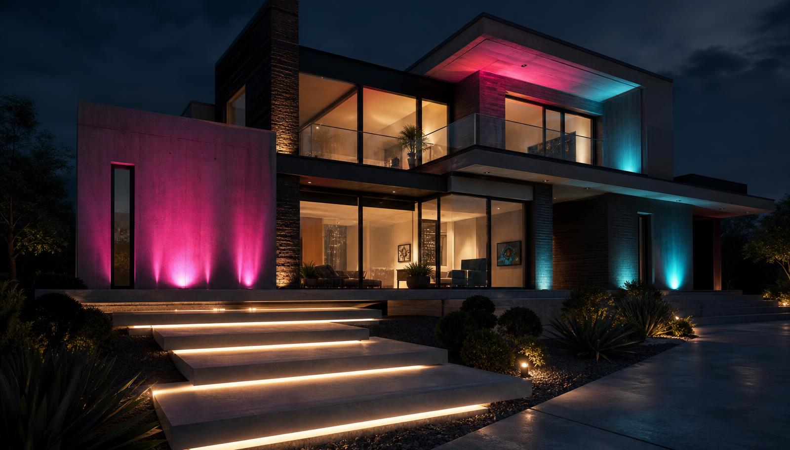 A striking modern facade washed in magenta and cyan accent lighting, with floating illuminated steps and floor-to-ceiling glass revealing warm. Images and Photos created by www.house-and-garden-designs.com