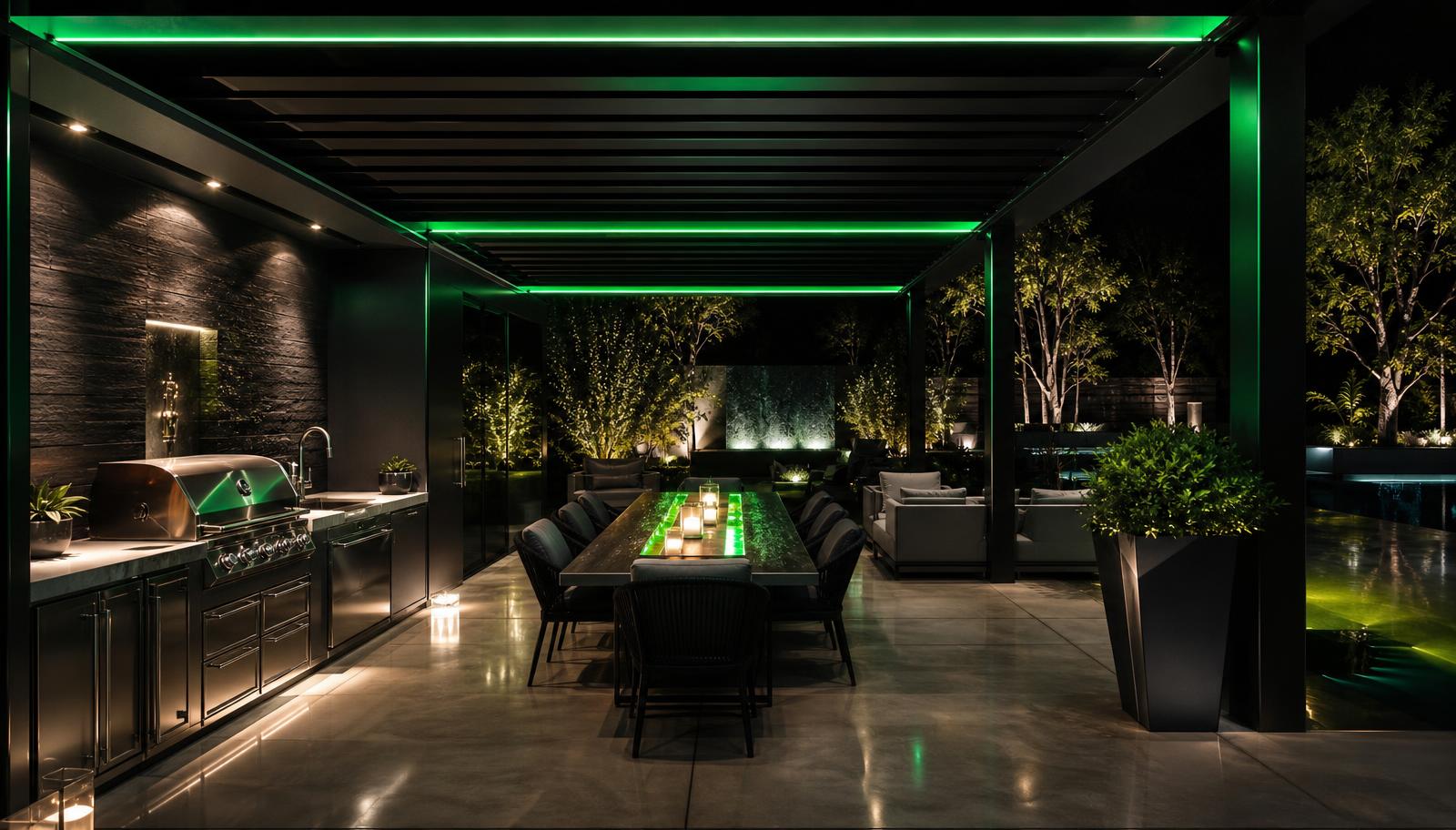A high-tech outdoor kitchen and dining pavilion framed by a steel pergola with vivid green LED strips, built-in BBQ and. Images and Photos created by www.house-and-garden-designs.com