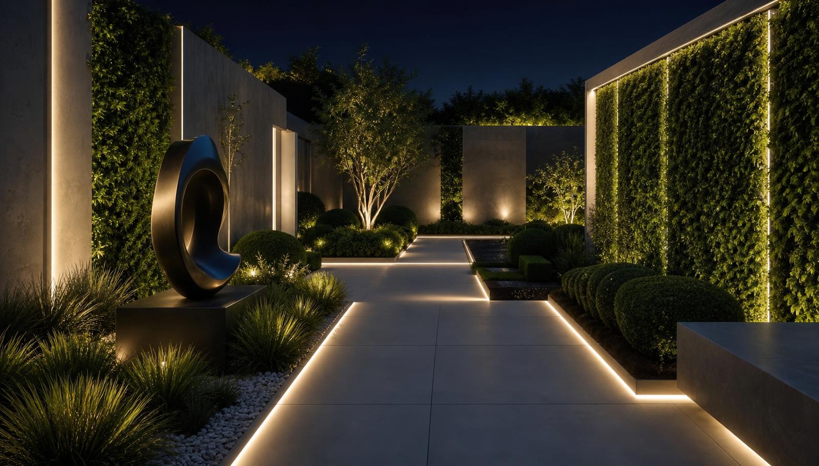 A serene sculptural garden walk at night, with light strips embedded in paving, a vertical green wall and a contemporary. Images and Photos created by www.house-and-garden-designs.com