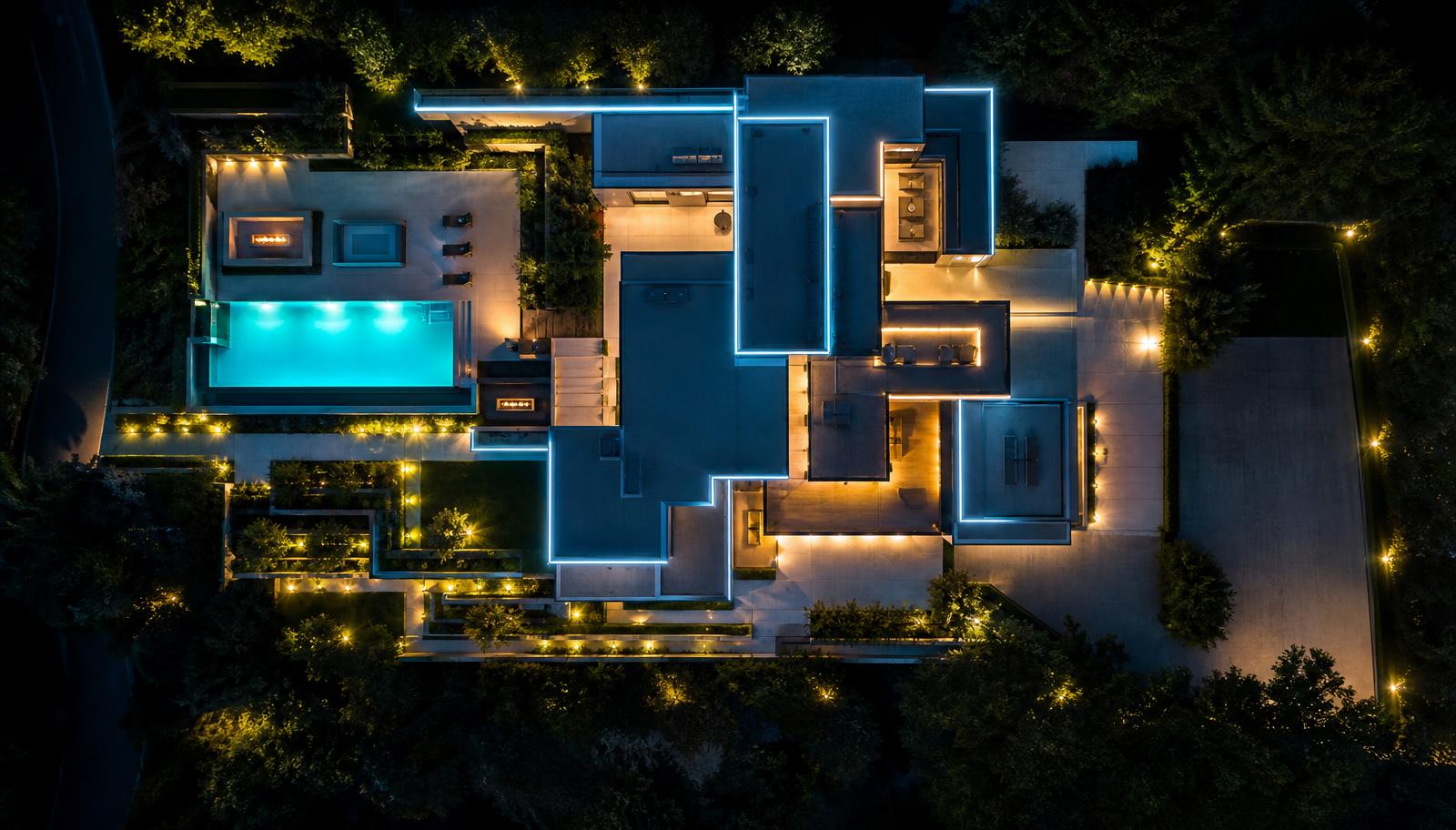 A dramatic aerial top view of a futuristic home at night, its rooflines traced in cyan LED light, pool glowing. Images and Photos created by www.house-and-garden-designs.com