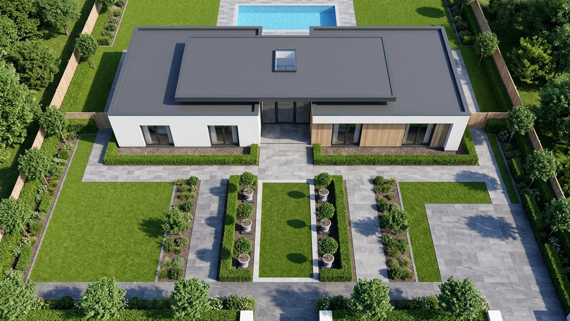 Formal Symmetry front yard landscaping concept — Top / Drone View