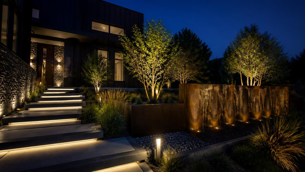 Front Night Future Home Lighting design concept visualisation photo modern home and. Images and Photos created by www.house-and-garden-designs.com