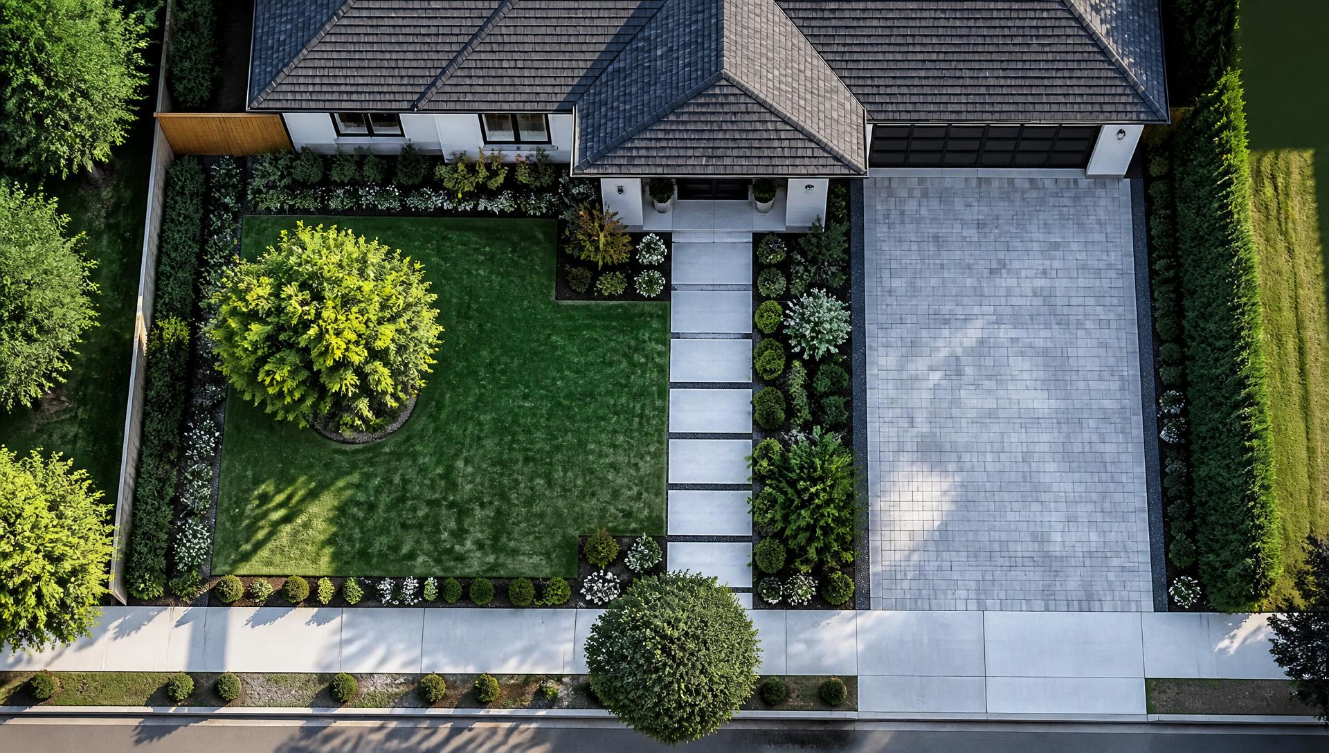 Modern Kerb Appeal front yard landscaping concept — Top / Drone View