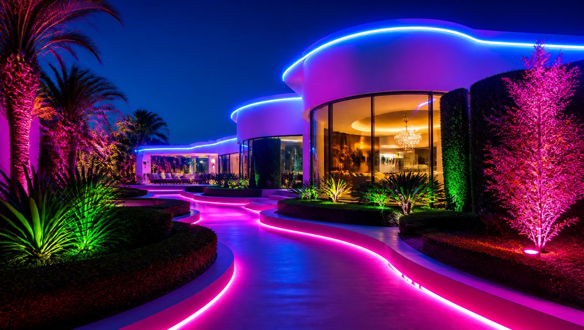 A futuristic garden corridor with glowing linear LED planter walls, geometric hedges and black basalt paving at night. Images and Photos created by www.house-and-garden-designs.com