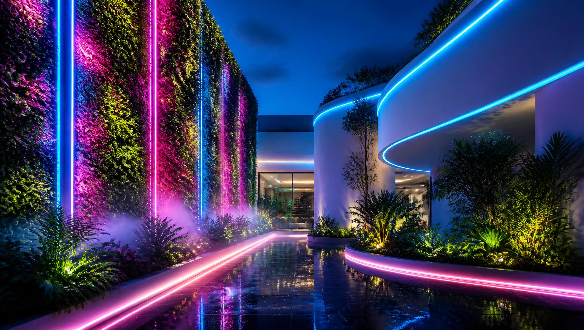 A living green wall with integrated grow lighting and hydroponic planting in a misted modern courtyard. Images and Photos created by www.house-and-garden-designs.com