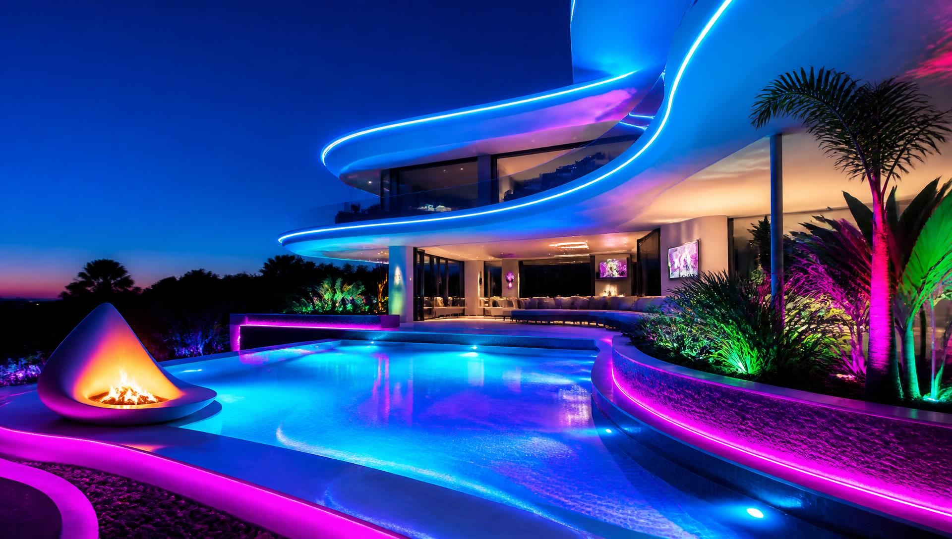 An infinity pool glowing turquoise from underwater LEDs, with cantilevered concrete forms and a sculptural fire feature. Images and Photos created by www.house-and-garden-designs.com