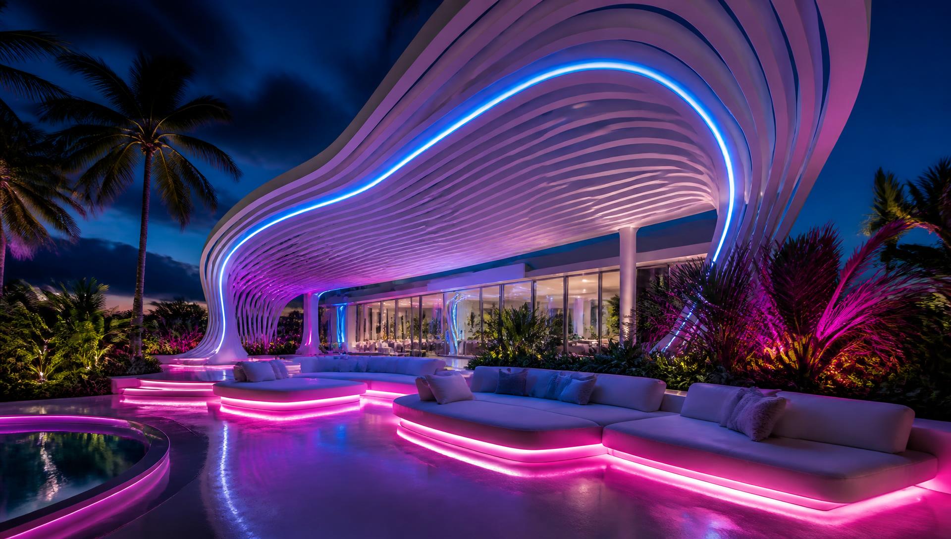 A white parametric slat canopy with integrated LED lighting arching over modern outdoor lounge seating at twilight. Images and Photos created by www.house-and-garden-designs.com