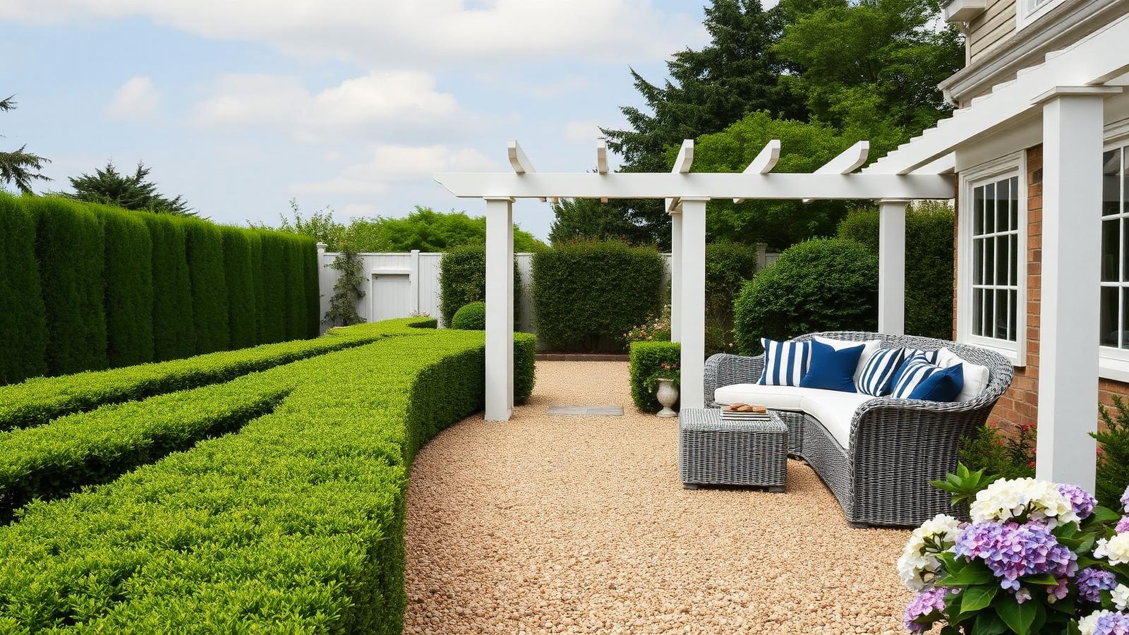 A Hamptons backyard with clipped box hedges, a gravel path, white pergola and wicker lounge in navy and white stripe. Images and Photos created by www.house-and-garden-designs.com
