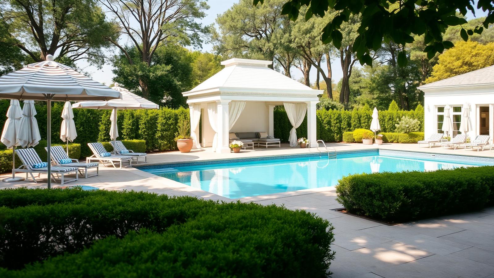 A Hamptons pool area with a white cabana, striped umbrellas, sun loungers, limestone paving and hedged garden walls. Images and Photos created by www.house-and-garden-designs.com