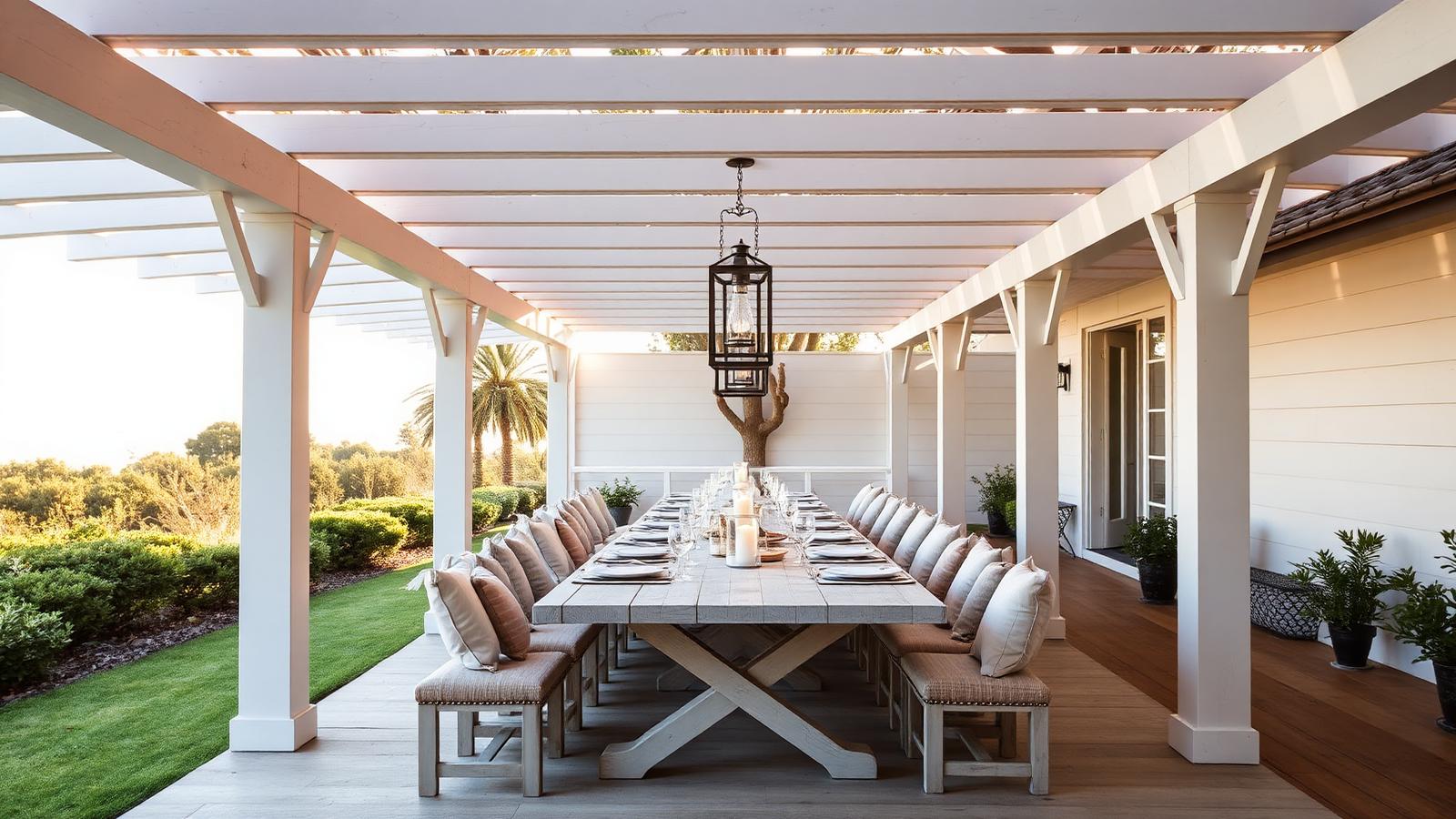 A long whitewashed timber dining table under a white pergola, with linen cushions, lanterns and coastal garden beyond. Images and Photos created by www.house-and-garden-designs.com