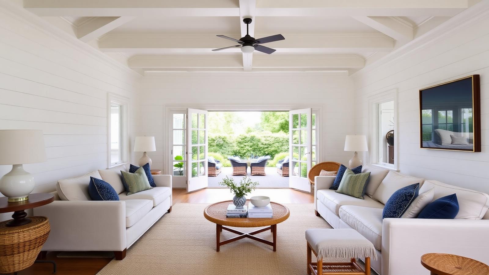A Hamptons interior with white shiplap walls, coffered ceiling, linen sofas, navy accents and French doors to the garden. Images and Photos created by www.house-and-garden-designs.com