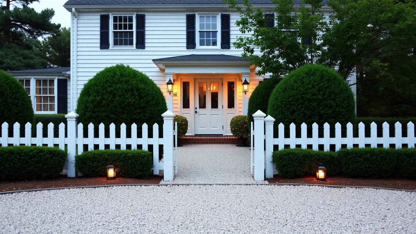 A Hamptons front yard with white picket fence, symmetrical clipped hedges, crushed shell driveway and lantern lighting. Images and Photos created by www.house-and-garden-designs.com