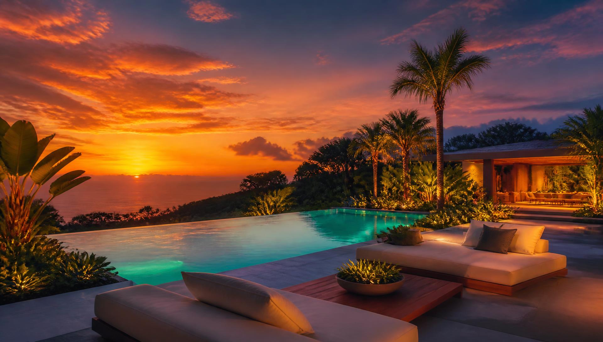Illuminated modern backyard with infinity pool at golden hour