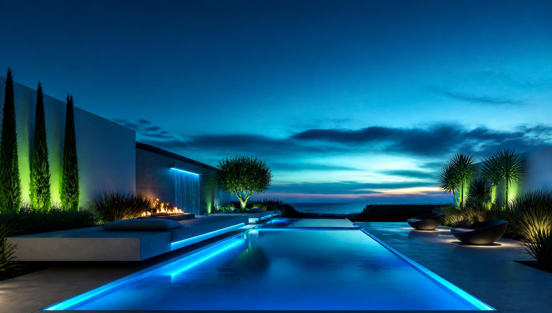 Futuristic backyard design with pool and lighting at blue hour