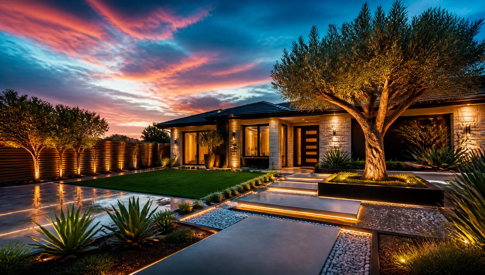 Modern illuminated front yard landscape design at dusk