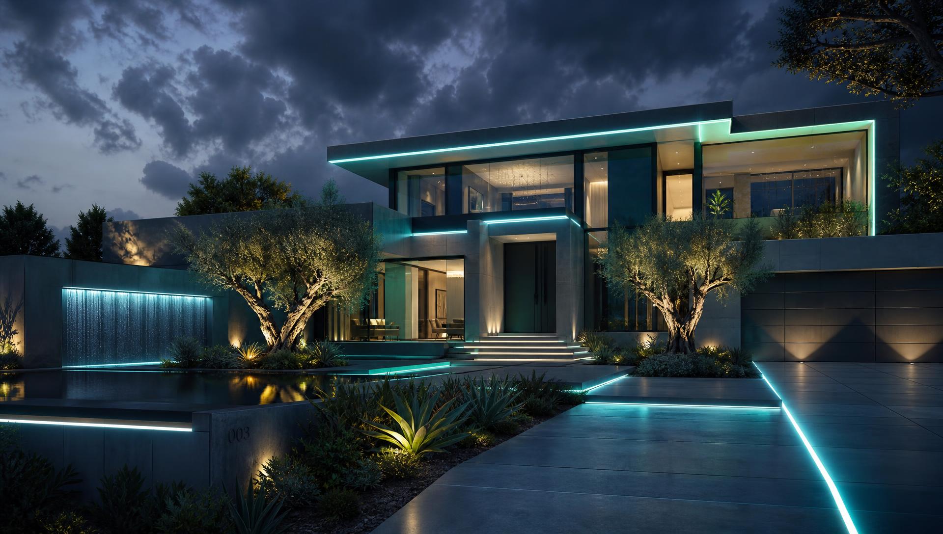 Futuristic luxury home at twilight with glowing cyan neon LED rooflines, reflective pool and sculptural modern landscaping. Images and Photos created by www.house-and-garden-designs.com