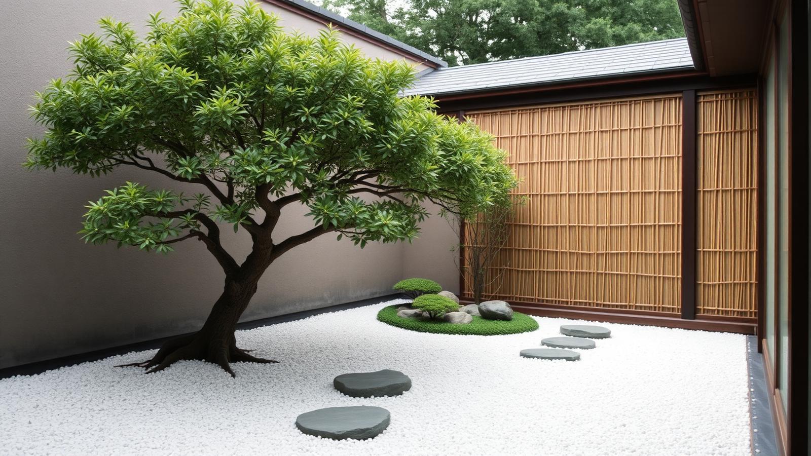 A walled courtyard of raked white gravel with a single sculpted tree, stepping stones and a bamboo screen fence. Images and Photos created by www.house-and-garden-designs.com