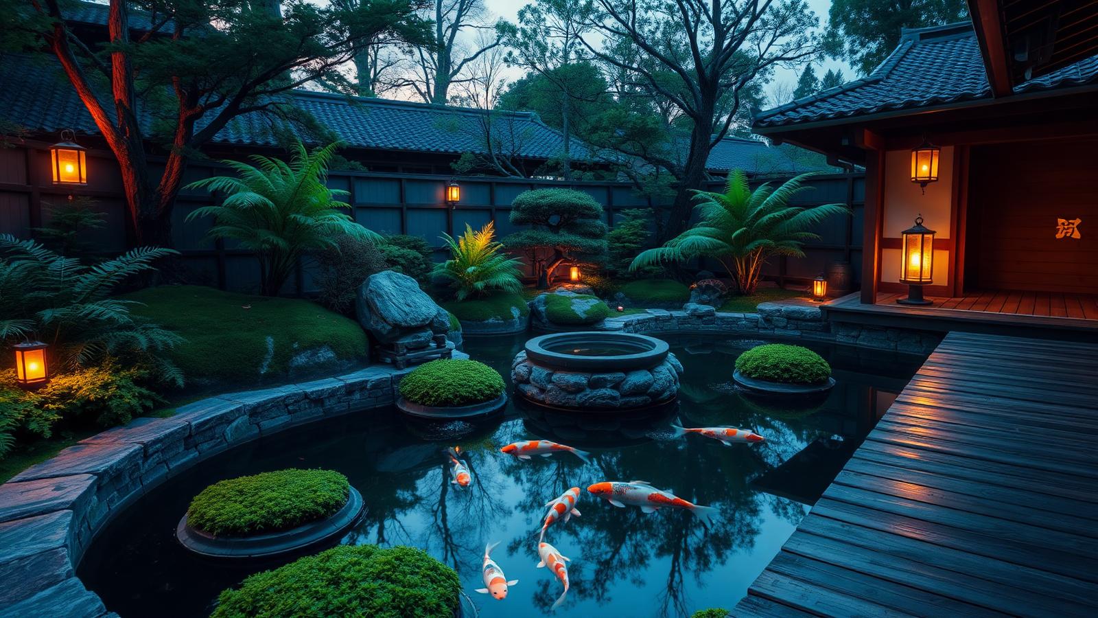 A koi pond edged in stone with a timber viewing deck, water basin, ferns and lanterns glowing at dusk. Images and Photos created by www.house-and-garden-designs.com
