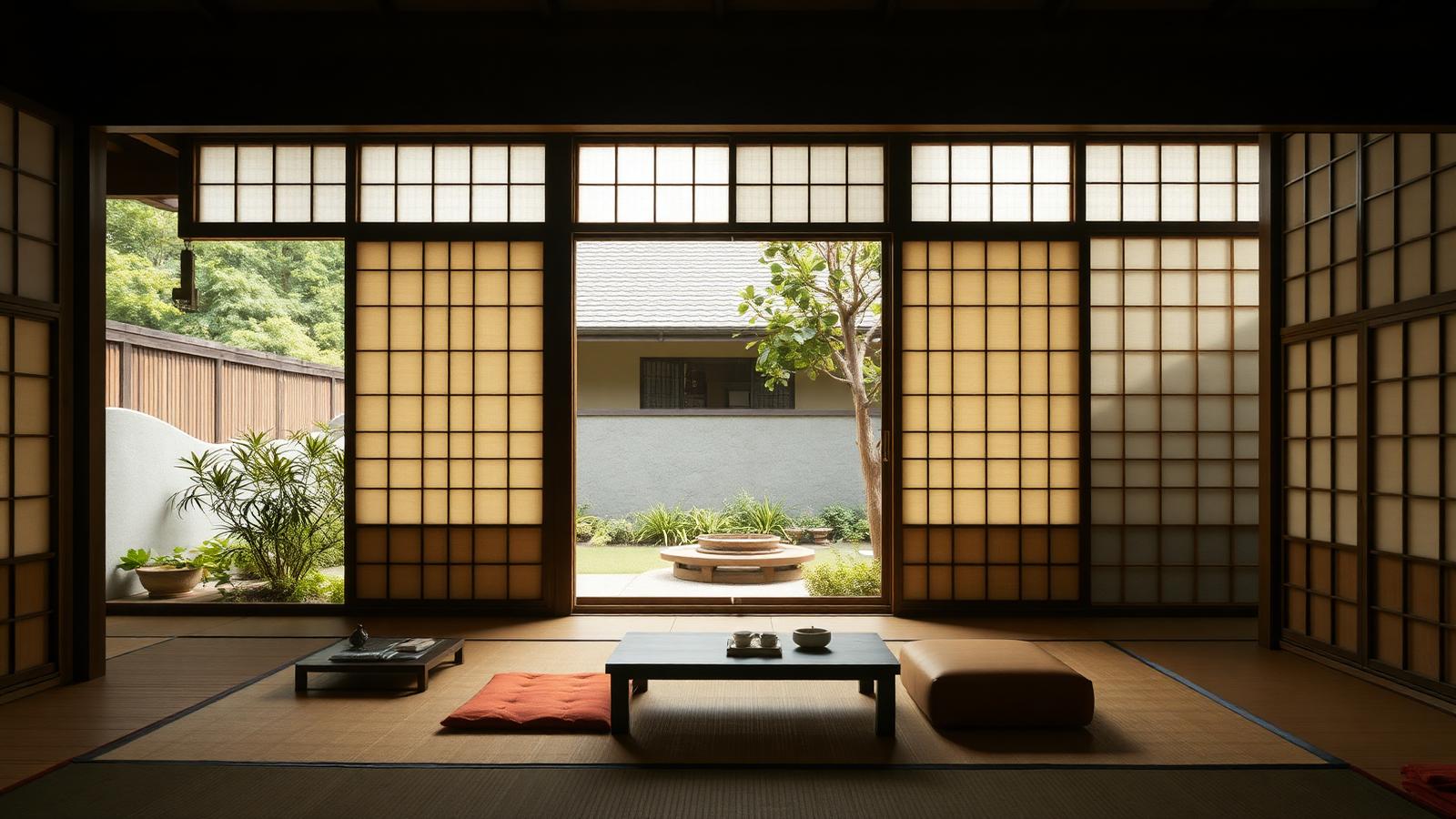 A timber engawa verandah with shoji sliding screens opening completely to the garden beyond. Images and Photos created by www.house-and-garden-designs.com