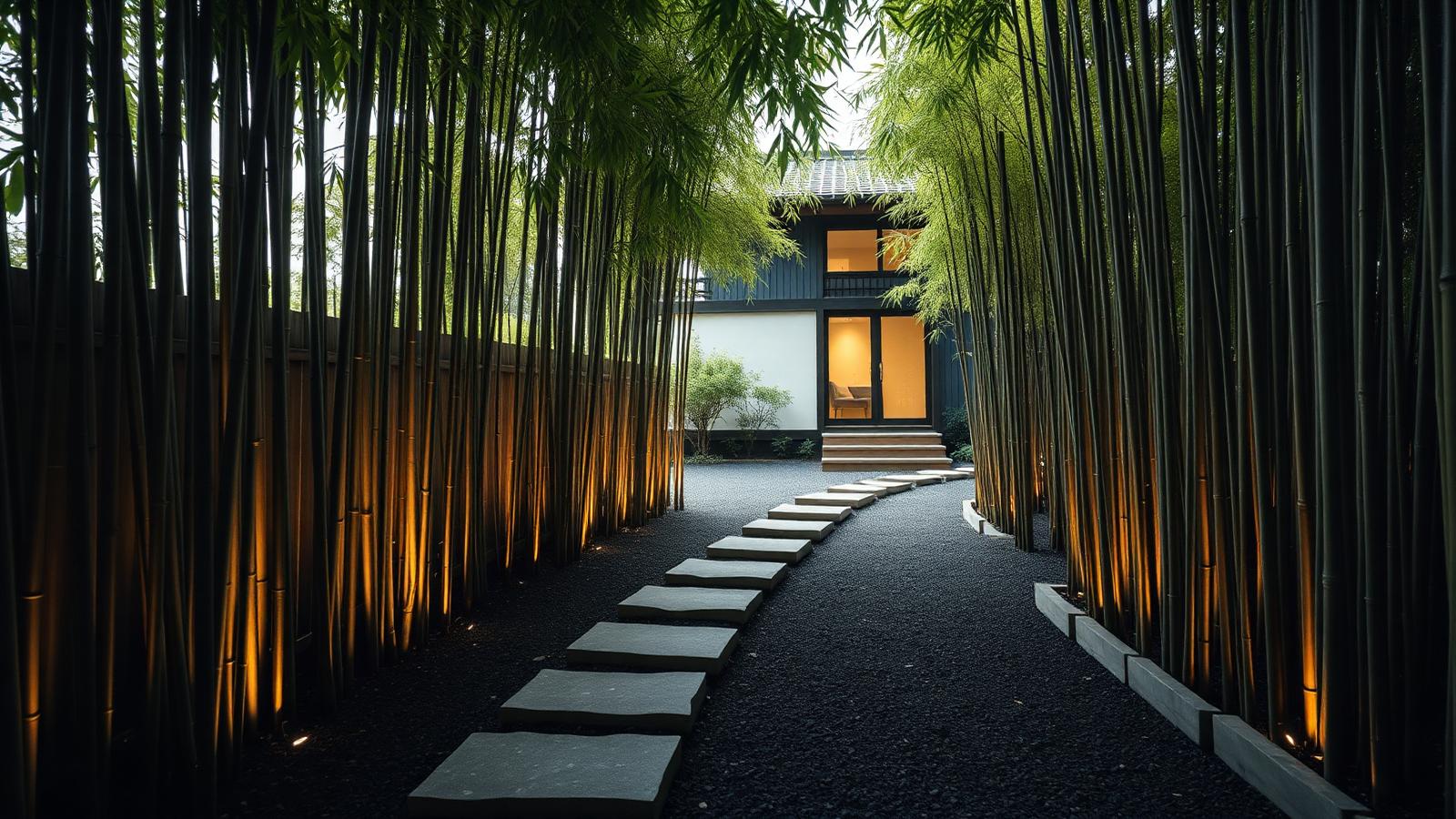 A bamboo grove path of granite stepping stones over black gravel, uplit at night, leading to a minimalist home. Images and Photos created by www.house-and-garden-designs.com