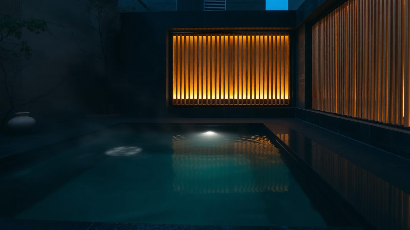 An onsen style plunge pool in a private courtyard with dark stone, backlit timber slat screens and rising steam. Images and Photos created by www.house-and-garden-designs.com