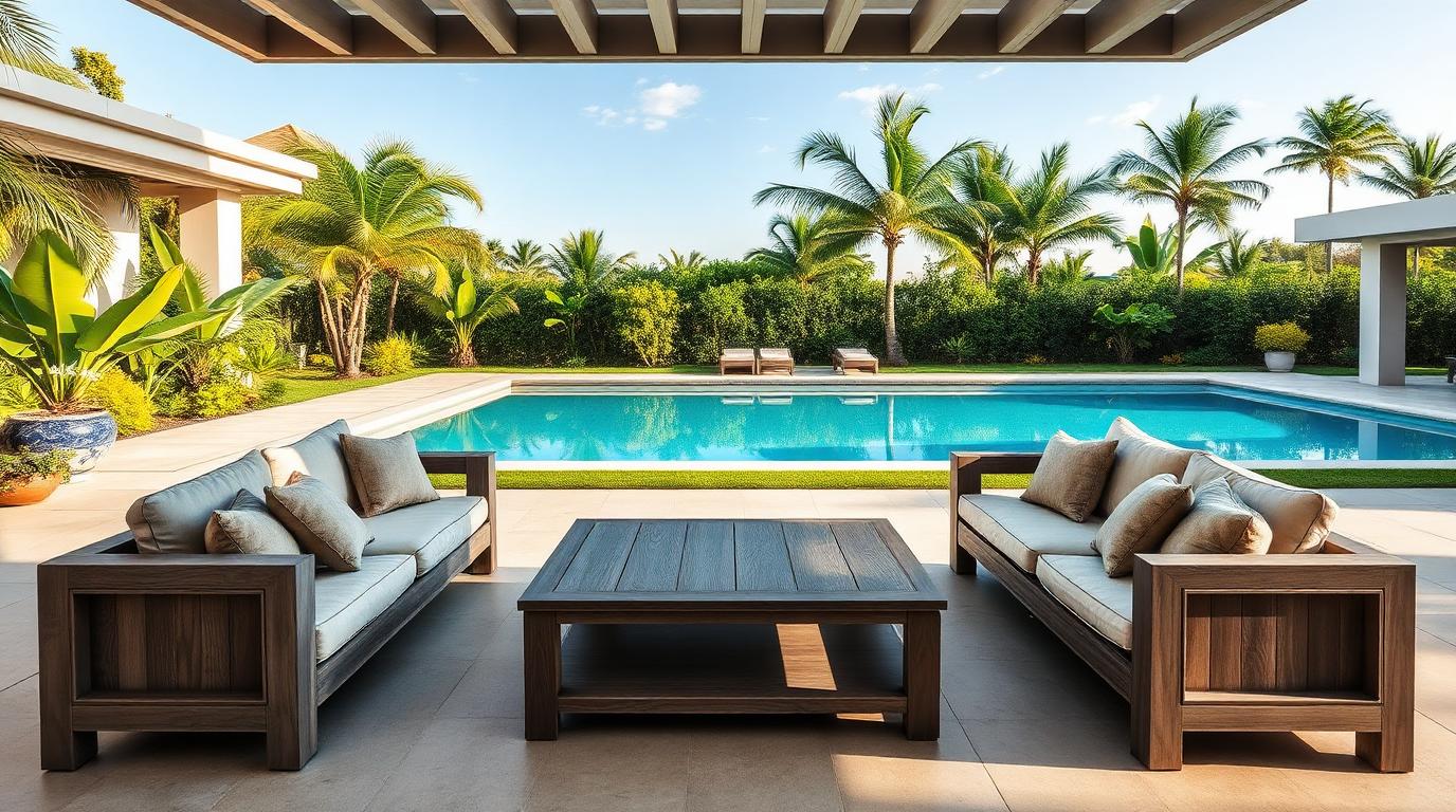 Material Teak Outdoor Furniture design concept visualisation photo modern home and garden. Images and Photos created by www.house-and-garden-designs.com