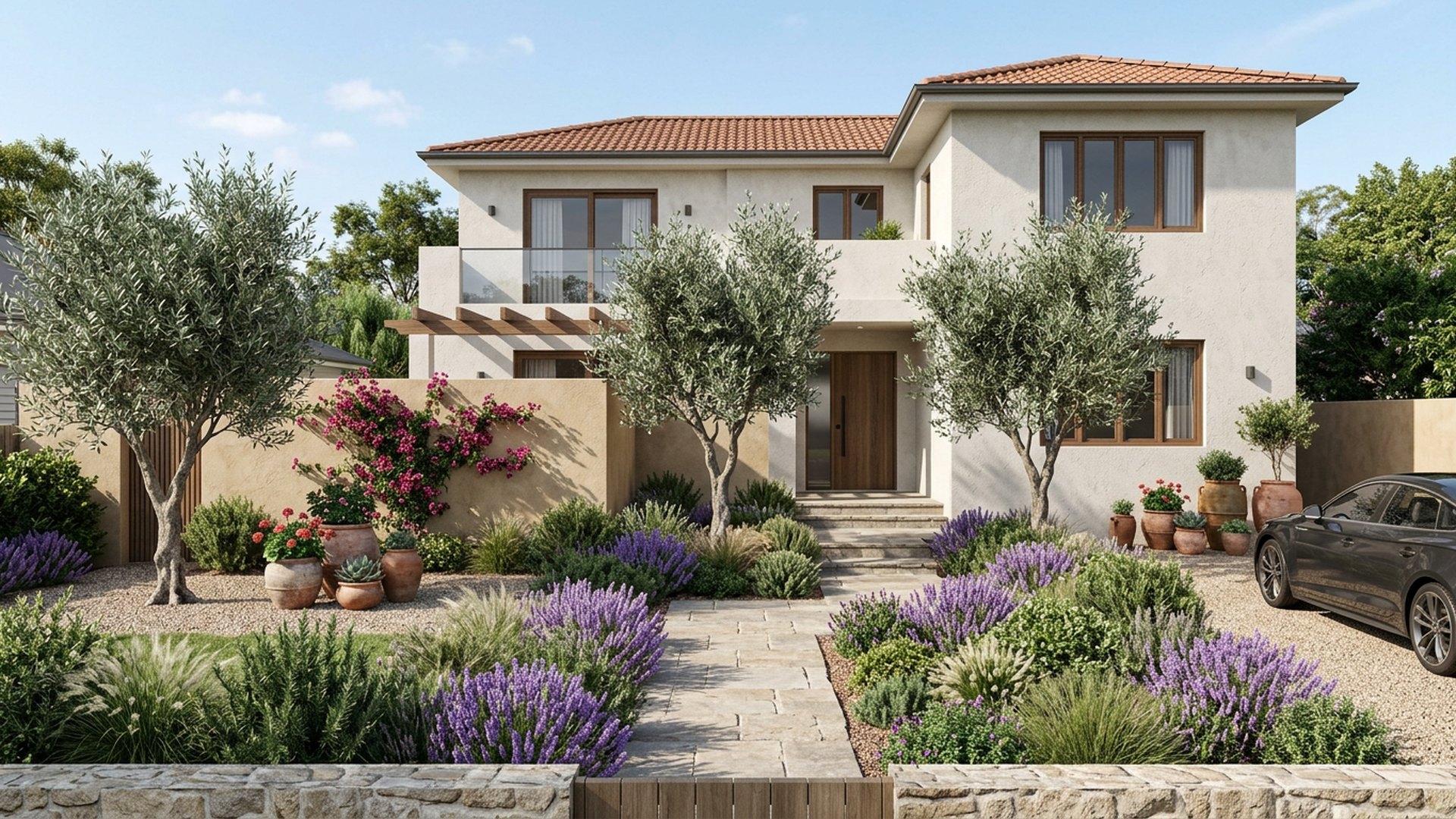 Mediterranean Frontage front yard landscaping concept — Forward Looking