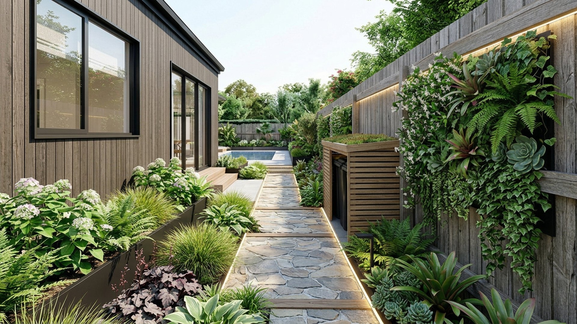 Narrow Home Designs design concept visualisation photo modern home and garden landscaping. Images and Photos created by www.house-and-garden-designs.com