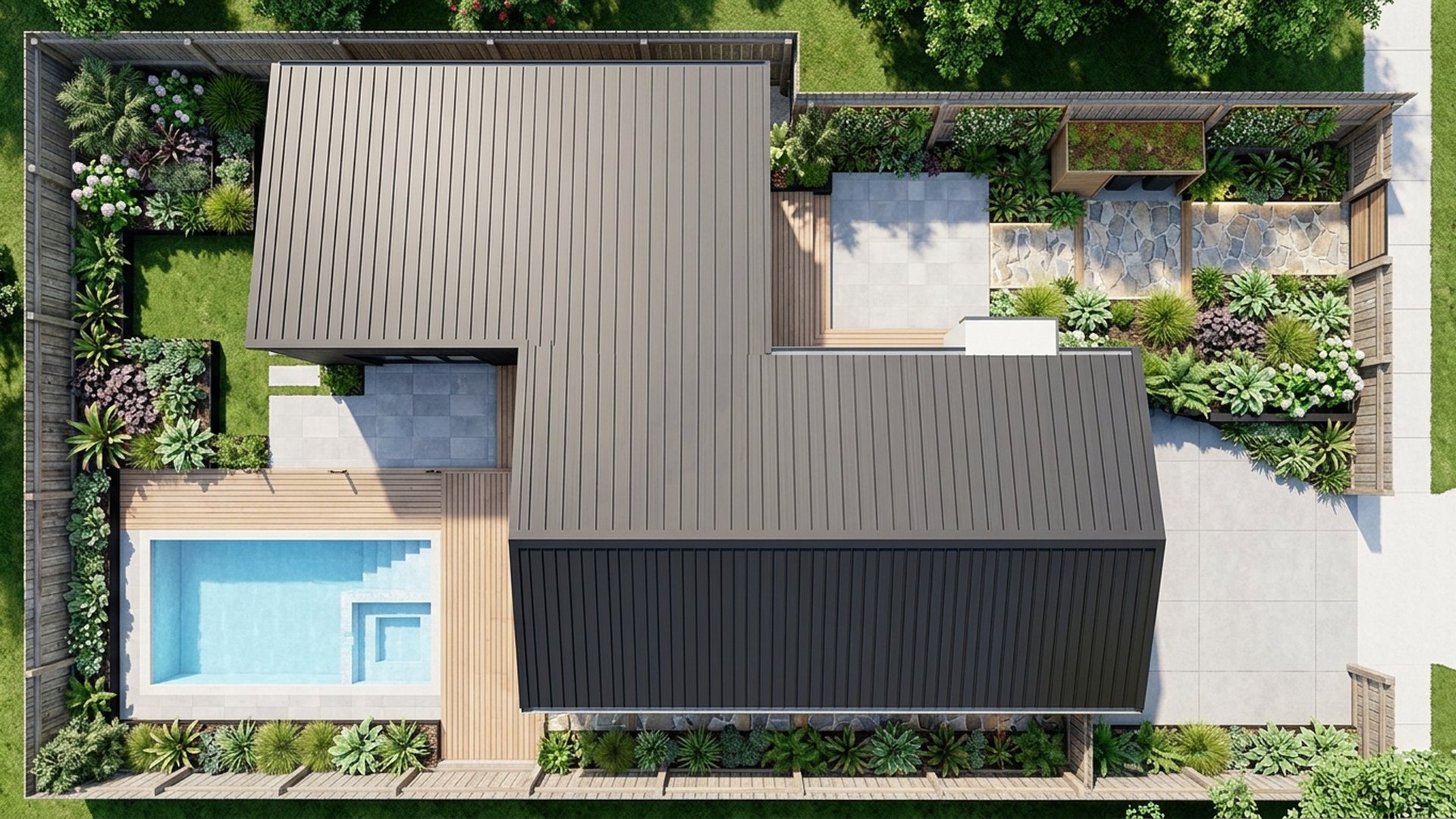 Narrow Home Designs design concept visualisation photo modern home and garden landscaping. Images and Photos created by www.house-and-garden-designs.com
