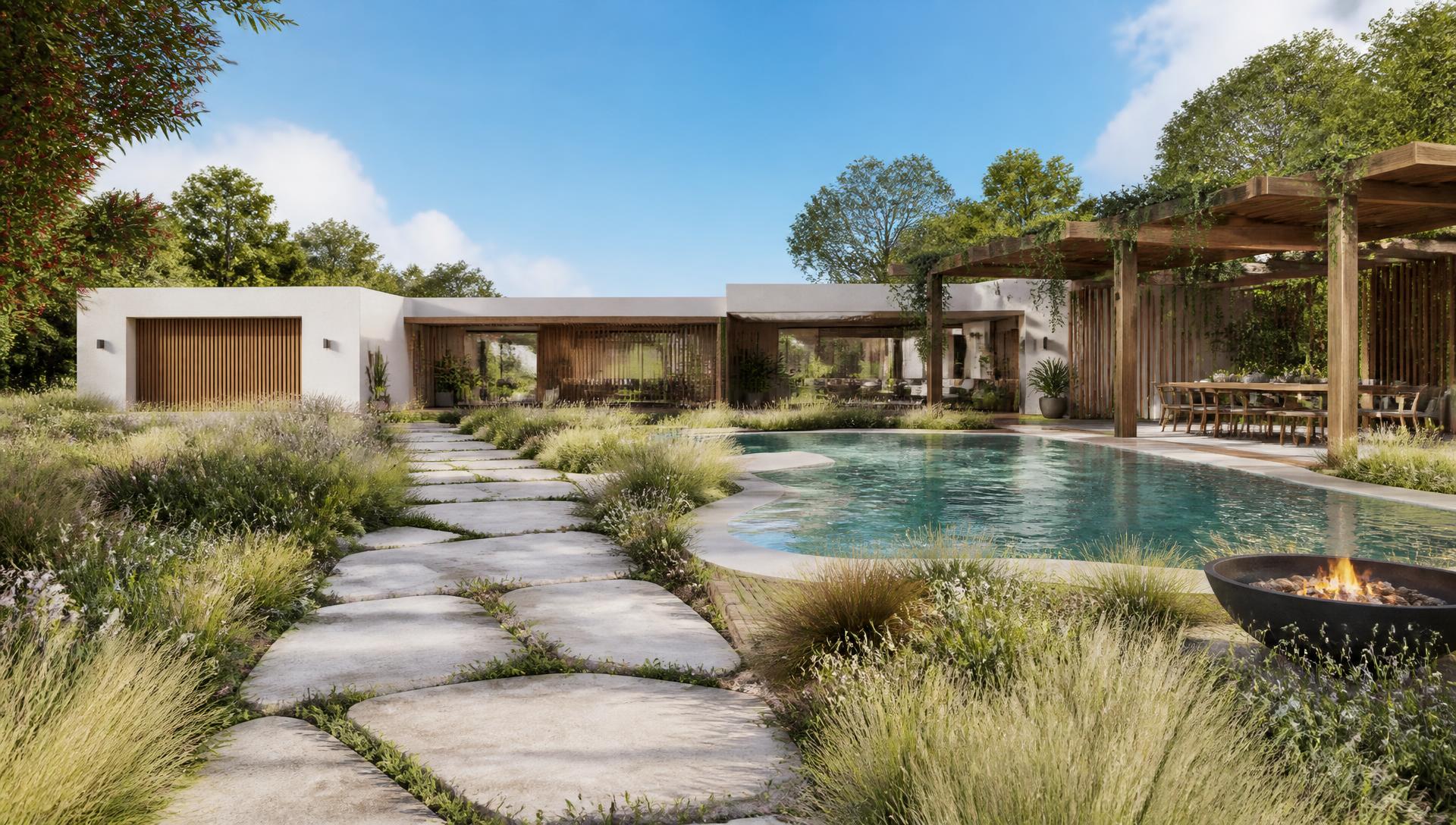 BBQ Kitchen Courtyard backyard landscaping concept — Forward Looking