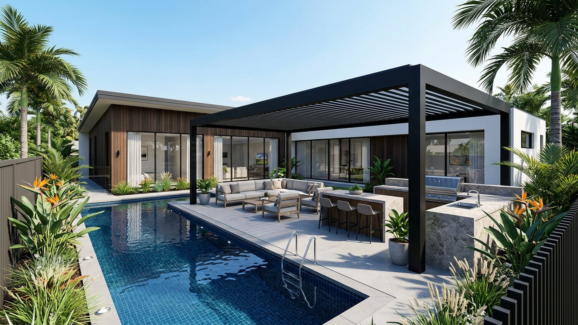 Poolside Pergola Combo backyard landscaping concept — Forward Looking