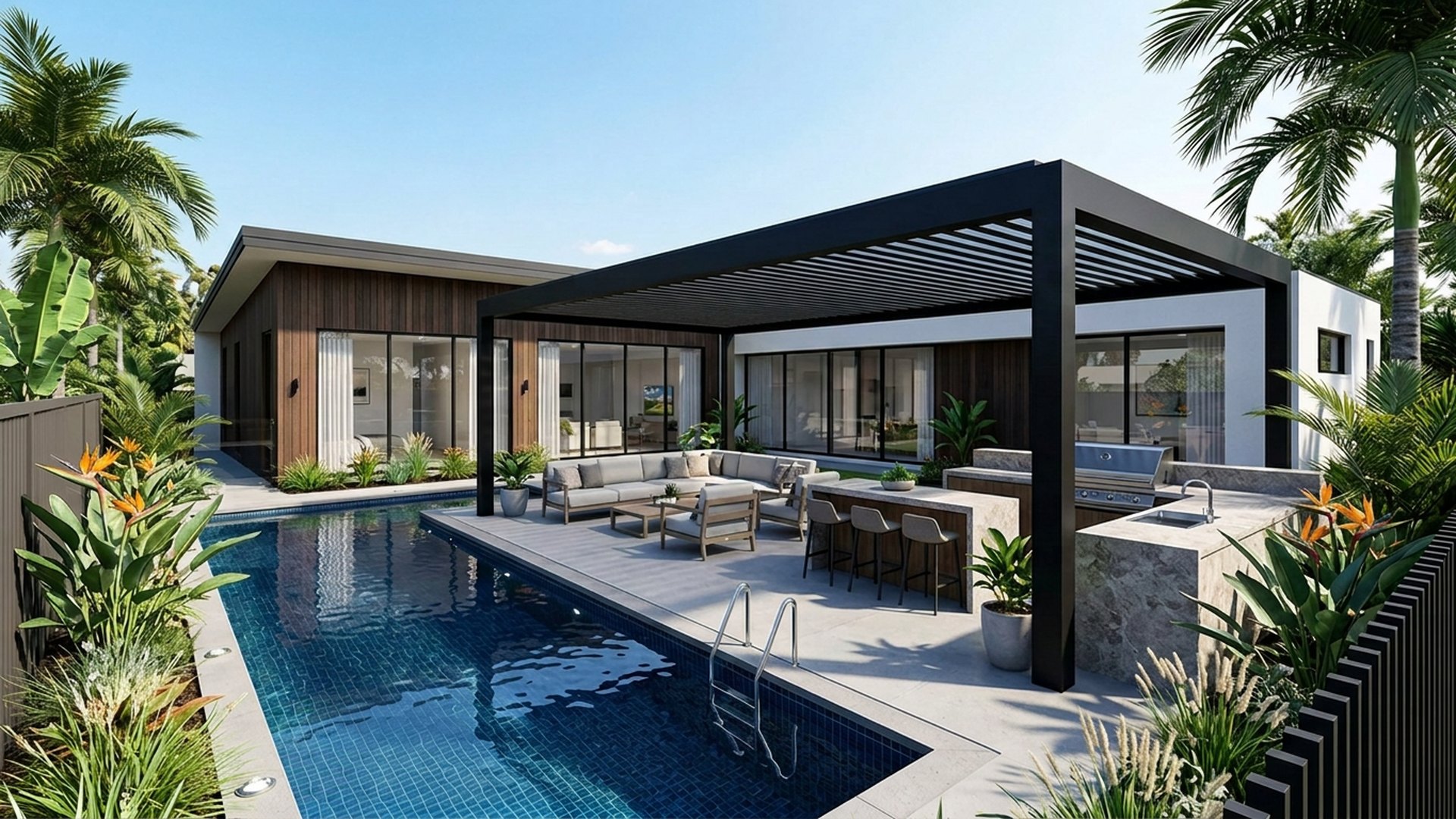 Poolside Pool Designs design concept visualisation photo modern home and garden landscaping. Images and Photos created by www.house-and-garden-designs.com