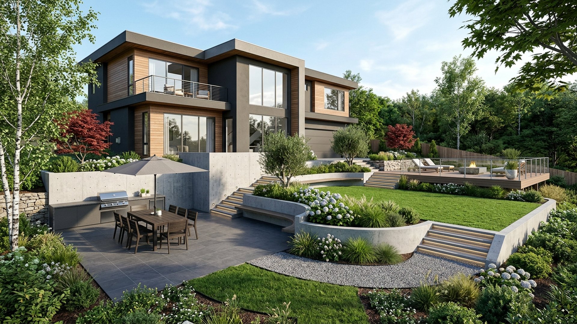 Sloping Yard Terraces backyard landscaping concept — Forward Looking