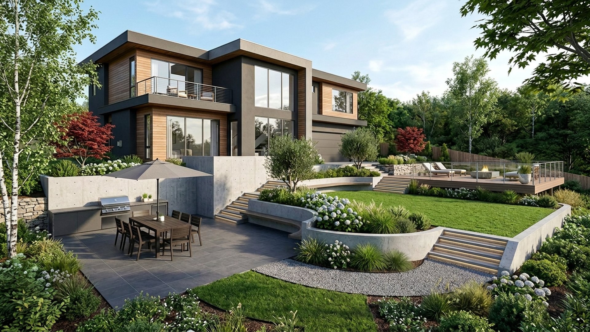 Sloping Home Designs design concept visualisation photo modern home and garden landscaping. Images and Photos created by www.house-and-garden-designs.com
