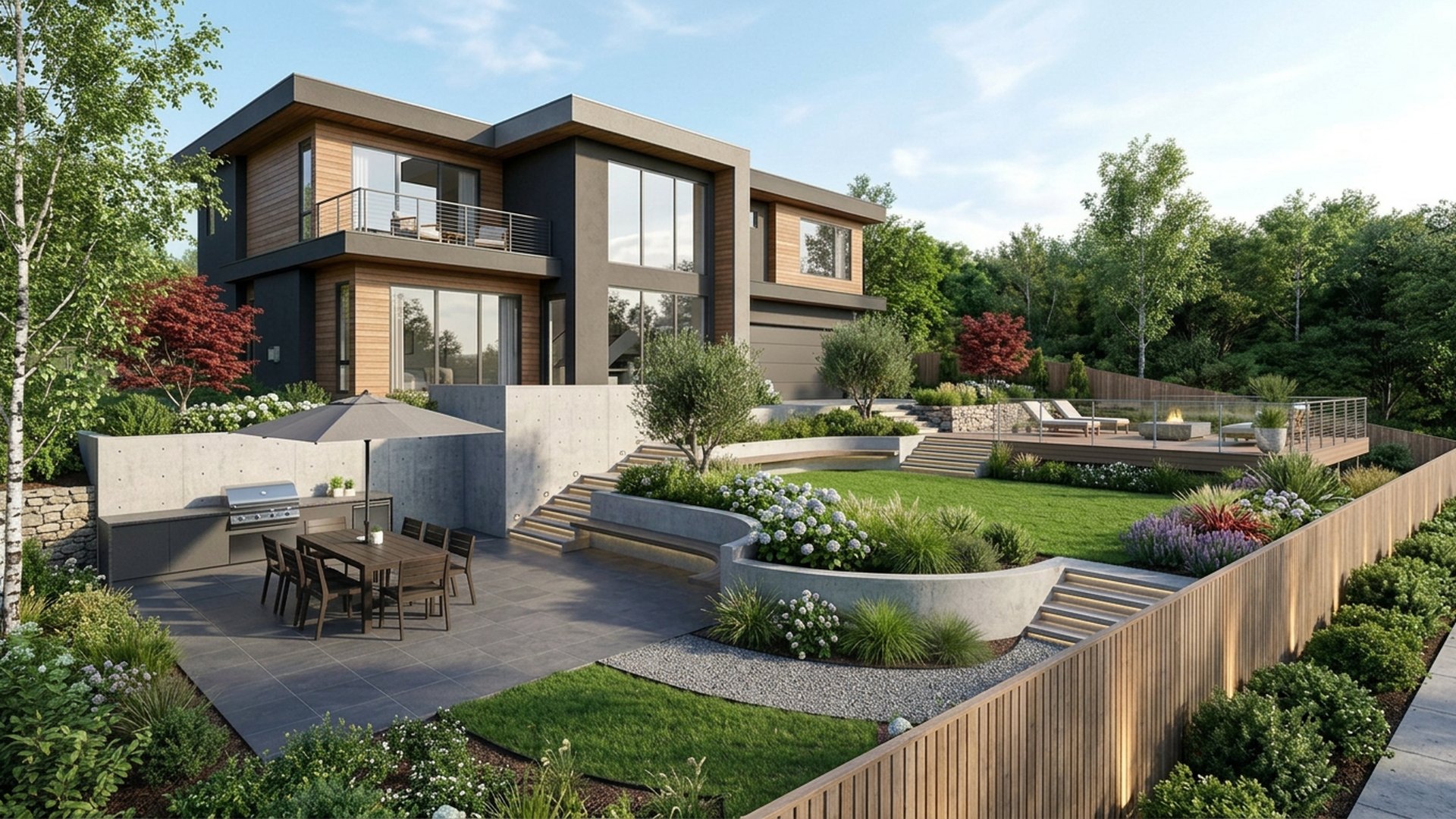Sloping Home Designs design concept visualisation photo modern home and garden landscaping. Images and Photos created by www.house-and-garden-designs.com