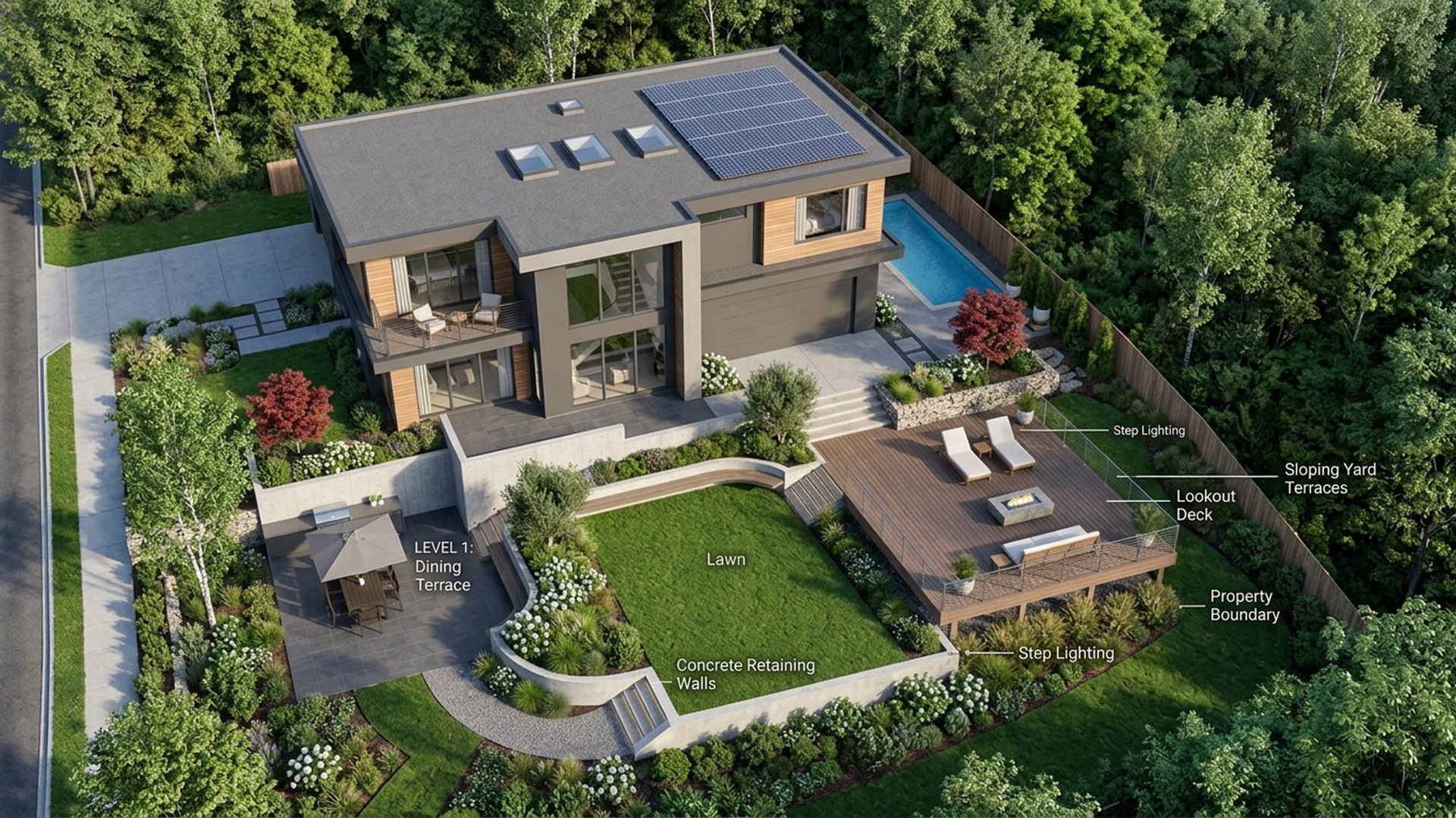 Sloping Home Designs design concept visualisation photo modern home and garden landscaping. Images and Photos created by www.house-and-garden-designs.com
