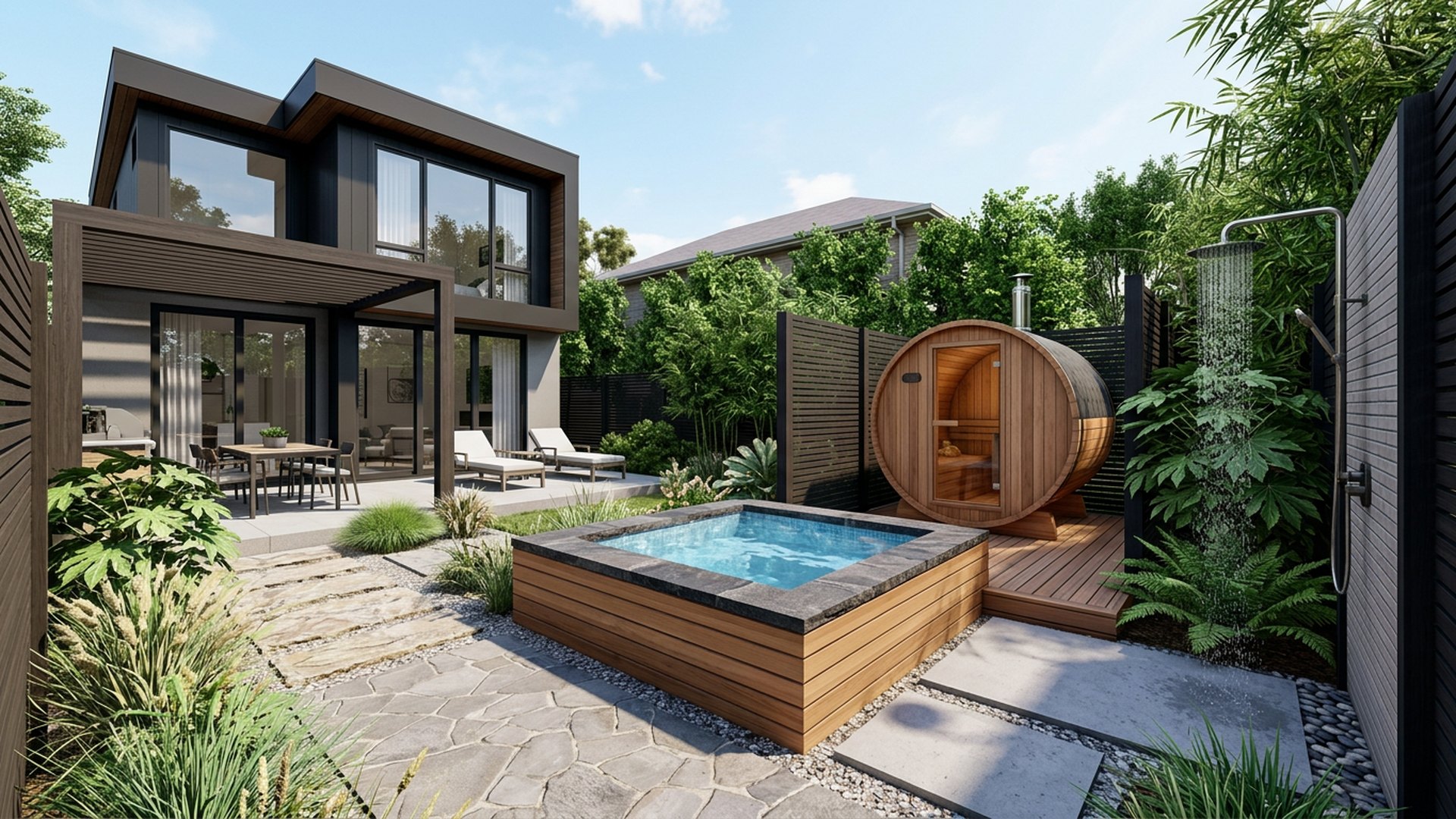 Spa and Sauna Corner backyard landscaping concept — Forward Looking