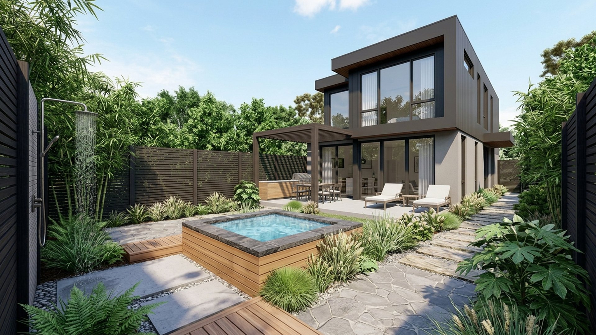 Spa Home Designs design concept visualisation photo modern home and garden landscaping. Images and Photos created by www.house-and-garden-designs.com