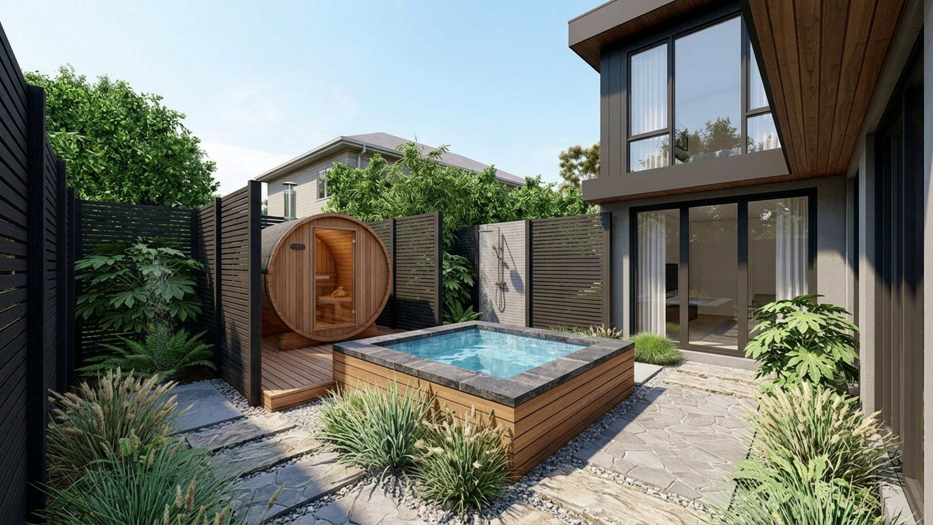 Spa Home Designs design concept visualisation photo modern home and garden landscaping. Images and Photos created by www.house-and-garden-designs.com