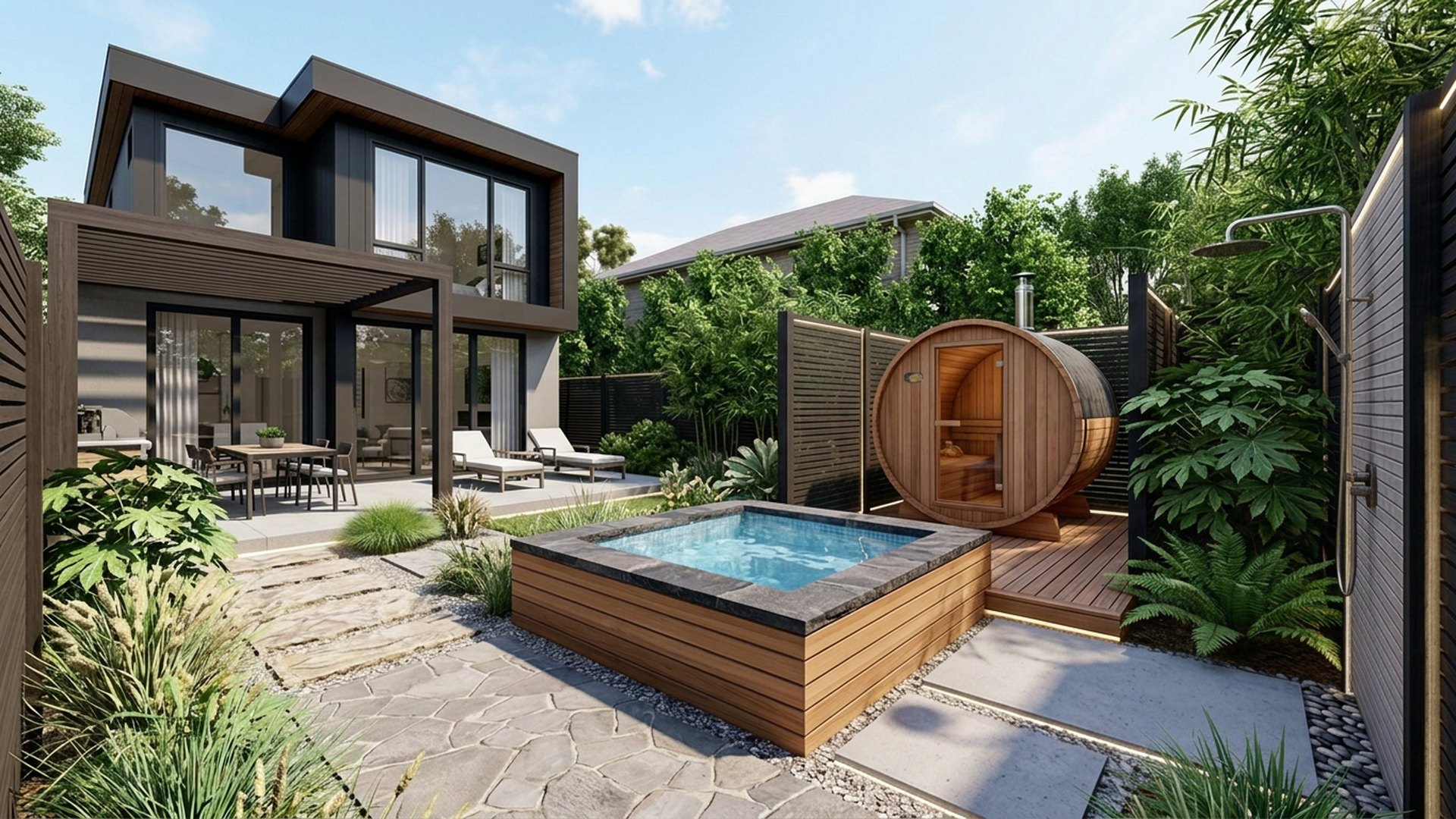 Spa Home Designs design concept visualisation photo modern home and garden landscaping. Images and Photos created by www.house-and-garden-designs.com