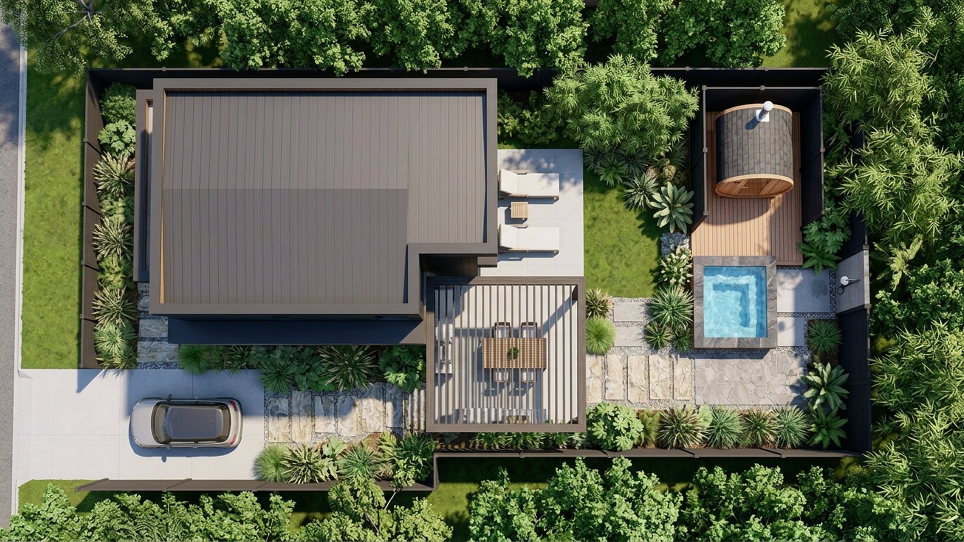 Spa Home Designs design concept visualisation photo modern home and garden landscaping. Images and Photos created by www.house-and-garden-designs.com