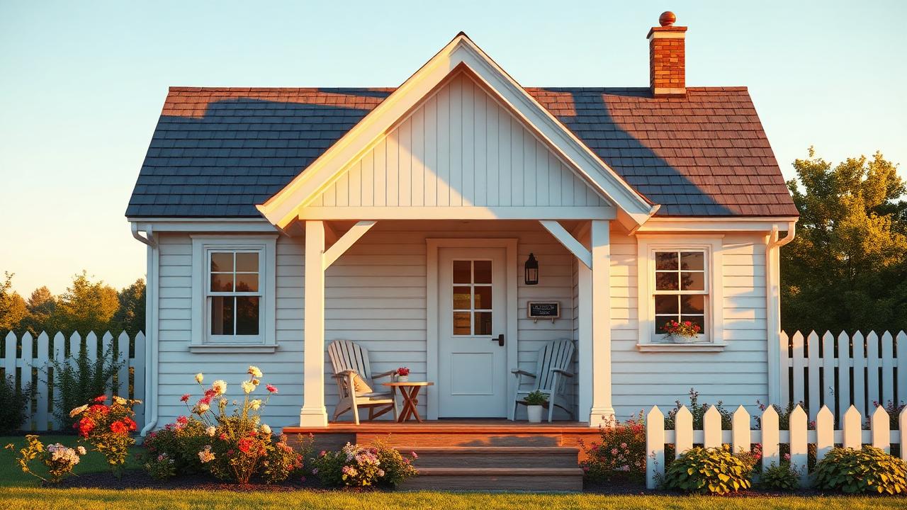 Prairie board-and-batten cottage tiny home design with garden A classic pitched gable in white board-and-batten with a shingle roof and. Images and Photos created by www.house-and-garden-designs.com