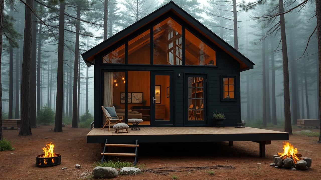 Black cedar forest cabin tiny home design with garden Charred black cladding disappears into the treeline while the fully glazed. Images and Photos created by www.house-and-garden-designs.com